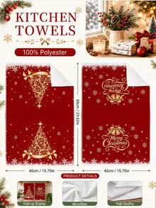 2pcs Christmas Minimalist Red & Gold Christmas Tree Pattern Kitchen Towels, Soft Polyester Dish Cloths, Suitable For Kitchen Decor, Kitchen Cleaning, Holiday Party Decoration, Kitchen & Bathroom Supplies, Home Essentials, Home Decor, Housewarming Gift - Multicolor - View 4
