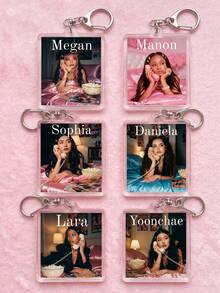 6Pcs KATSEYE Girl Group Member Theme Bedroom Phone & Popcorn Square Acrylic Keychains, Featuring Exclusive Photo Designs Of Megan, Manon, Sophia, Daniela, Lara & Yoonchae, Fashionable Bag Charms, Suitable For Fan Gifts, Support Collection, All Season Use - Multicolor - View 5