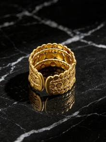 1Pc Multi‑Layer Hollow Floral Wide Open Statement Ring, Golden‑Plated 316 Stainless Steel Adjustable Finger Jewelry - Yellow Gold - View 4