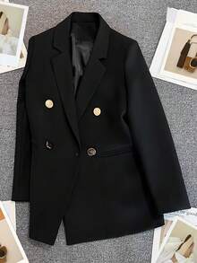 Spring/Summer Women's Solid Color Long Sleeve Double-Breasted Blazer, Notched Collar | Black - Black - View 9