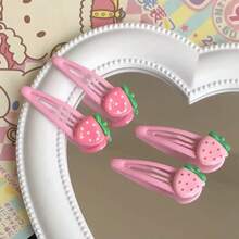 4pcs/2pcs/1pc Strawberry Fruit Bangs Hair Clips Set - Pink - View 2