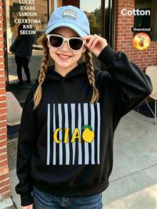 2026 Autumn/Winter Girls' Custom Loose Black Hoodie, Striped, Lemon And Letter Print, Casual Cartoon Style - Black - View 11