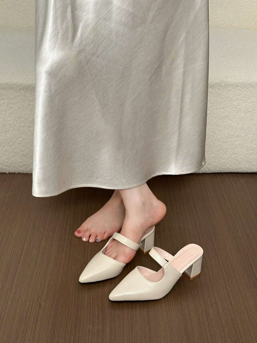 1 Pair Women Beige Pointed Toe Chunky Heel Sandals Elegant Fashion Style Comfortable Versatile High Heels - Beige - View 1