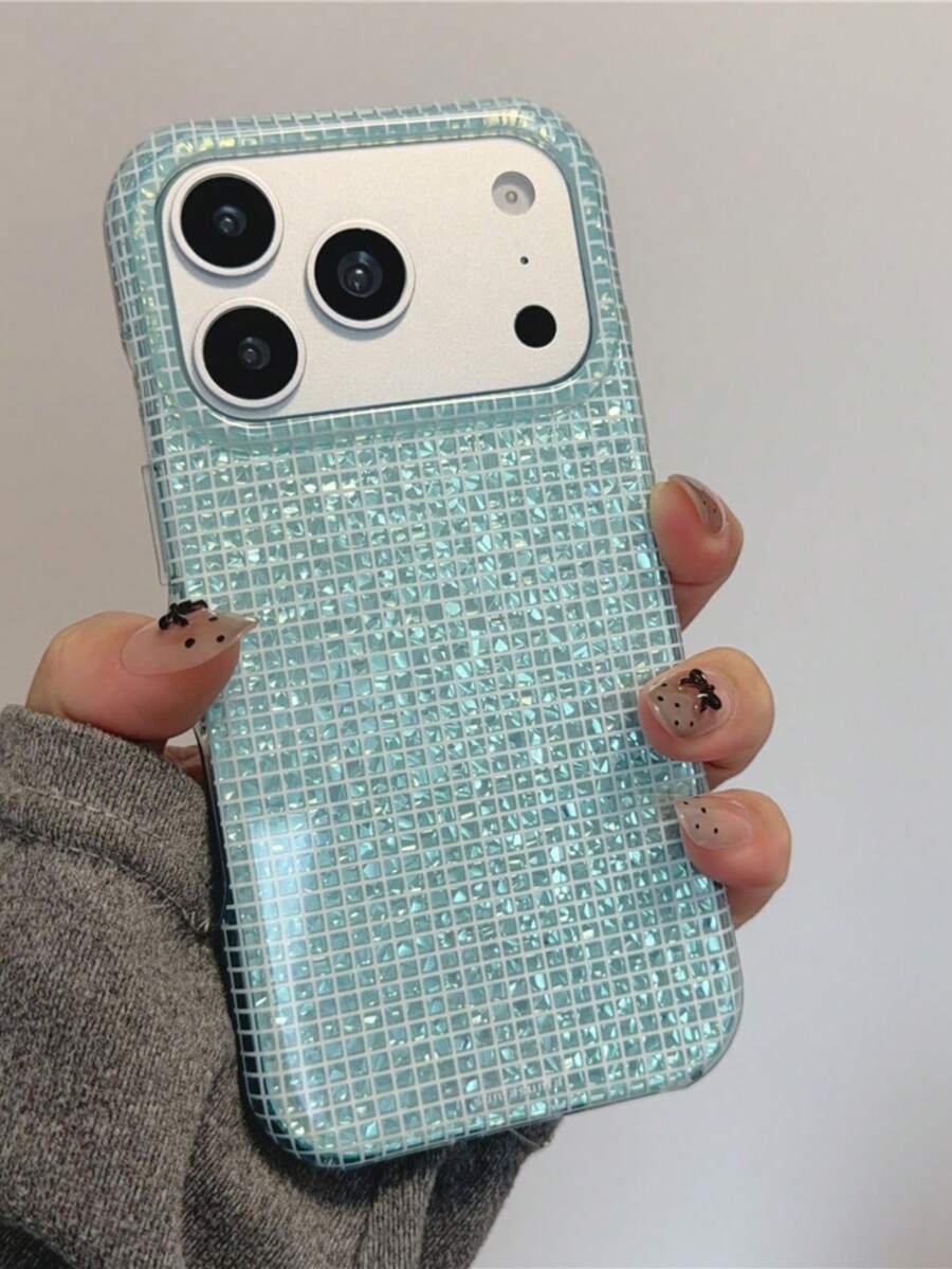 1pc INS Minimalist Glitter Plaid Green Phone Case Compatible With Phone 18 Pro Max, 17 Pro Max, 17 Pro, 16 Pro Max, 16 Pro, 15 Pro Max, 14, 13 Pro Max, Back Cover Protection, Girl Gift - Multicolor - View 1
