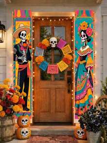 2D Flat Banner 2pcs Set Day Of The Dead Decorations, Mexican Day Of The Dead Door Curtain, Skeleton Musician And Dancer Pattern Door Curtain Background, Skeleton Musician And Dancer Pattern, Vintage Style Skeleton And Marigold Decoration - Multicolor - View 4