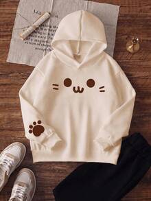 1pc Teen Girls Soft Cute Healing Style Cartoon Cat Smiling Face Pattern Loose Long Sleeve Pullover, Fun Cat Paw Print Comfortable Skin-Friendly Top, Casual Versatile Daily Outfit, Lazy Sweet Style Essential Item For Autumn Winter Early Spring - Apricot - View 3