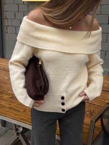 Korean Style Autumn/Winter Off-Shoulder Sweater Women Niche French Design Soft Knit Pullover Top - Apricot - View 4