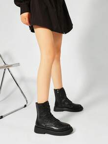 Women's Faux Soft Leather Lace-Up Ankle Boots Round Toe Platform Thick Sole Side Zipper Non-Slip Outsole Black Workwear Fashion Boots - Black - View 3
