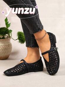 Black Hollow Embroidery Mary Jane Women's Shoes, Square Toe Single Strap Low Vamp Flat Shoes, Breathable Versatile Commuter Loafers For Spring And Summer - Black - View 5