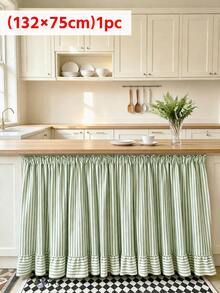 1pc Minimalist Retro Green & White Striped Table Skirt, Ruffle Edge Lightweight Half-Curtain To Hide Cabinet Clutter, Suitable For Entryway Cabinet, Window Sill, Sideboard, Washbasin, Kitchen, Balcony, Bay Window - Green - View 10