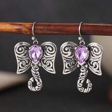 Bông tai treo móc hình voi rỗng phong cách vintage, bông tai hình voi chạm khắc hoa văn cuộn - Bạc - Xem 3