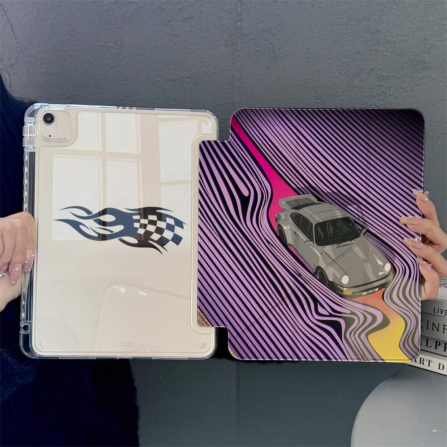 1PC Retro Racing Car Print Tablet Case 3+Y Fold Multi-Angle Magnetic Stand Tablet Case With Pen Slot & Auto Sleep/Wake Protective Cover, Compatible With IPad PRO/AIR, Compatible With SAMSUNG,Compatible With XIAOMI Pad 5/6/21,Compatible With Oppo Pad,Compatible With Huawei Matepad,Compatible With Honor Pad