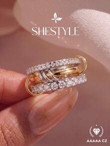 1pc Platinum Stackable Ring, Elegant European And American Style Jewelry Gift - Interlocking - View 2