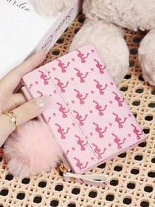 Ladies' Bow Printed Wallet Zipper Folding Button Short Wallet, With A Pom-Pom Charm, Suitable For Daily Commuting Travel - Hot Pink - View 2