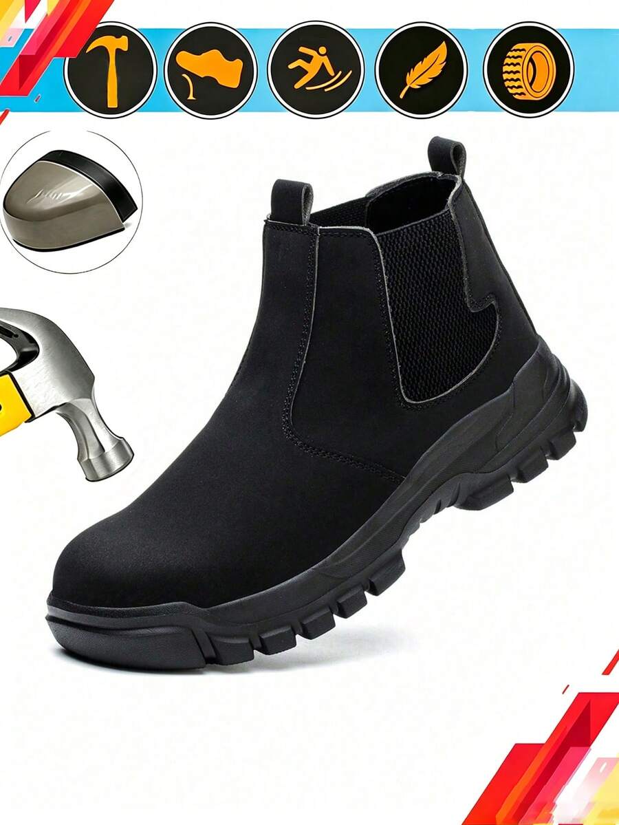 Men's Black Steel Toe Work Boots, Impact Resistant, Puncture Resistant, Easy On/Off, Ultra-Fine Leather Upper, Rubber Sole, Soft & Comfortable, Wear-Resistant Industrial Safety Shoes