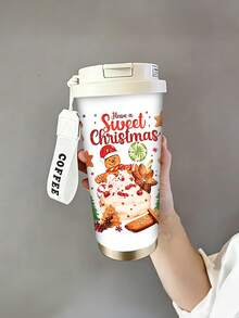 1pc/5pcs 500ml Stainless Steel Insulated Coffee Travel Mug, With Hanging Rope, White Sweet Christmas Gingerbread Man Candy Cookie Christmas Print, Reusable Leak-Proof Portable Commuter Cup, Suitable For Office, Commuting, Outdoor, Cute Christmas Gift, Suitable For Men And Women - Multi-color - Sweet Christmas - View 9