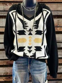 Women's Fashion Elegant Versatile Colorblock Drawstring Hooded Long Sleeve Casual Sweater - Black - View 5