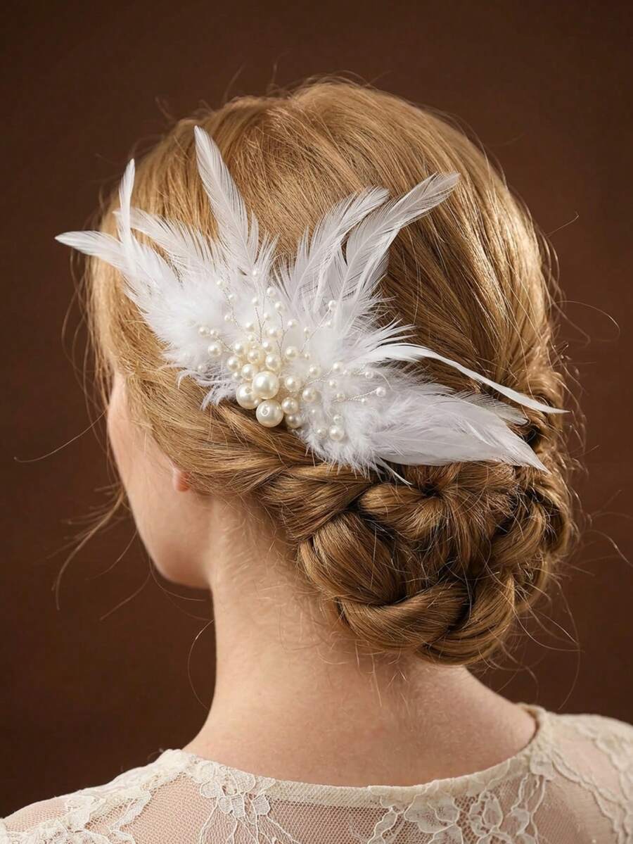 1pc Feather & Faux Pearl Decorated Party Hair Comb, Suitable For Wedding, Party, Holiday And Other Occasions - Silver - View 1