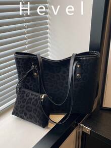 2pcs Leopard Print Handbag Set With Double Handles, Fashion Design, Suitable For Business Casual, Commuting, Back To School And Vacation Travel. Women's Tote Bag, Black Bag - Black - View 1
