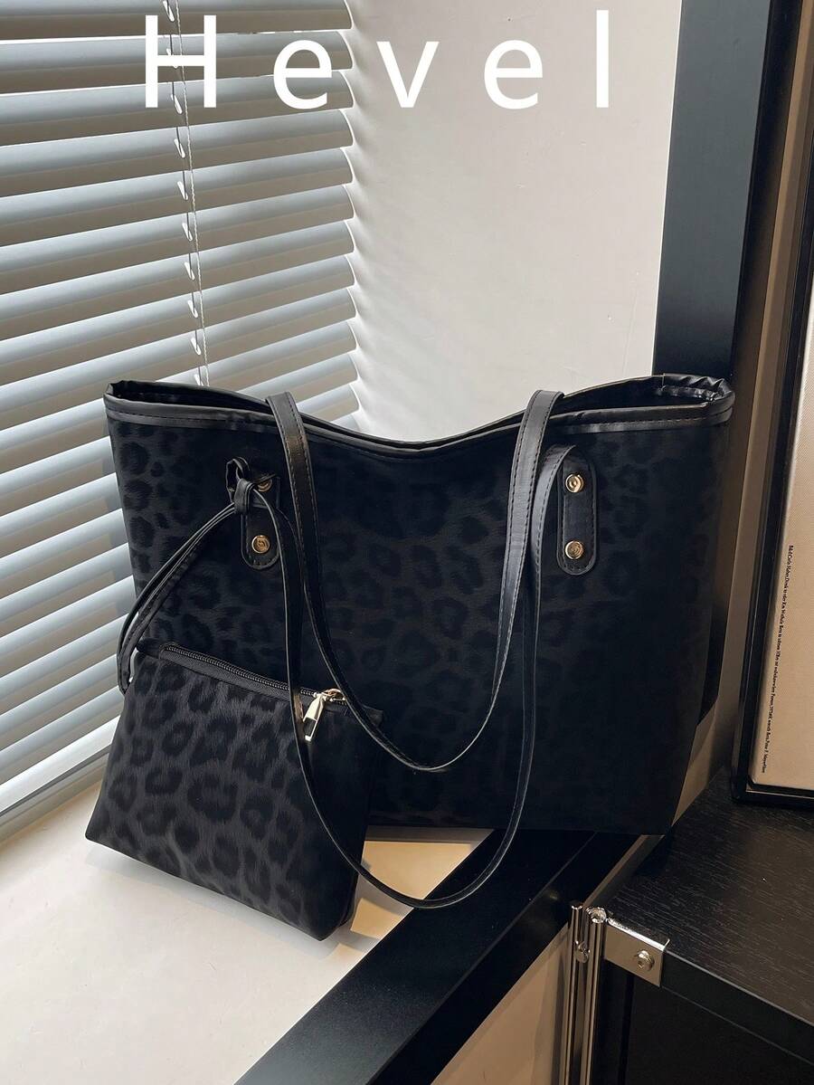 2pcs Leopard Print Handbag Set With Double Handles, Fashion Design, Suitable For Business Casual, Commuting, Back To School And Vacation Travel. Women's Tote Bag, Black Bag - Black - View 1