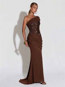 Women's Elegant Brown One-Shoulder Pleated Ball Gown, Waist Decorated With Shiny Embellishments, Long Mermaid Style Formal Dress - Coffee Brown - View 5