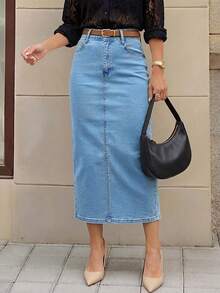 Light Blue Washed Mid-To-High Waist Denim Skirt For Women, Vintage Bodycon Mid-Length Slim Fit Commuter Versatile Denim Skirt, Belt Not Included - Medium Wash - View 8