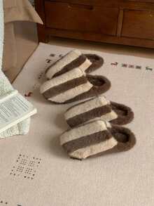 XIXITIAO Striped Thermal Slippers For Men And Women, Winter Anti-Slip Warm Home Soft Sole Couple Niche Colorblock Fuzzy Shoes - Dark Brown - View 4