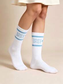One Size Women's Mid-Calf Socks, Minimalist Design, Color Block Stripes, Letter & Heart Print, Suitable For Halloween, Party, Bridal Gift And Autumn/Winter Season - Multicolor - View 8