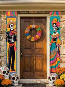 2D Flat Banner 2pcs Set Day Of The Dead Decorations, Mexican Day Of The Dead Door Curtain, Skeleton Musician And Dancer Pattern Door Curtain Background, Skeleton Musician And Dancer Pattern, Vintage Style Skeleton And Marigold Decoration - Multicolor - View 6