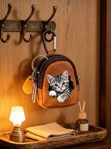 Cute Cat Print Mini PU Leather Earphone Storage Bag, Portable Zipper Coin Purse With Carabiner Clip, Keychain Pouch, Small Accessory Organizer - Multicolor - View 2