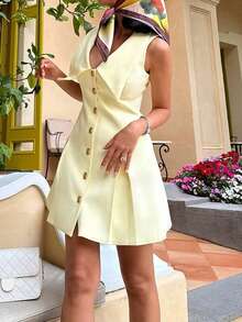 1pc Solid Color Casual Woven Fabric Front Button Pocket Fitted Mini Dress, Beach Vacation, Spring/Summer Elegant - Yellow - View 3