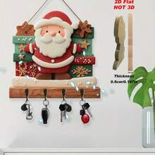 Santa Claus Gift Box Pattern Wooden Hook Wall Hanging Board Christmas Theme Key Storage Holder Entryway Hallway Wall Decor Ornament Holiday Home Decoration Practical Creative Craft Display Piece - Multicolor - View 7