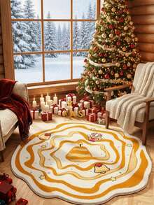 Round Burgundy Christmas Tufted Rug Checkered Border Snowman Gingerbread Gift Candy Cane Plush Rug Wreath - Yellow - View 3