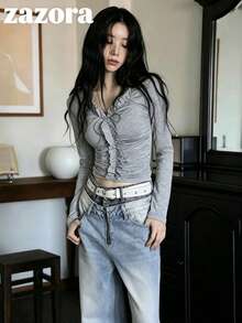 Korean Style Niche Exquisite 3D Ruffle Trim Long Sleeve T-Shirt Women's Inner Layer Top - Grey - View 6