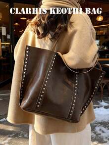 Vintage Distressed Tote Bag With Rivet Decor, Metal Rivet Line Accents, Open Top Oversized Body, Extended Handle Strap, Matching Small Bag From The Same Series, Ample Storage Space, Suitable For Commuting And Travel, Creating A Cool Retro Vibe Outfit - Coffee Brown - View 6