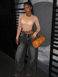 Women's Casual Extra Long Wide Leg Denim Jeans, With Zipper And Pockets, Non-Stretch, Y2K Retro Style - Dark Grey - View 1