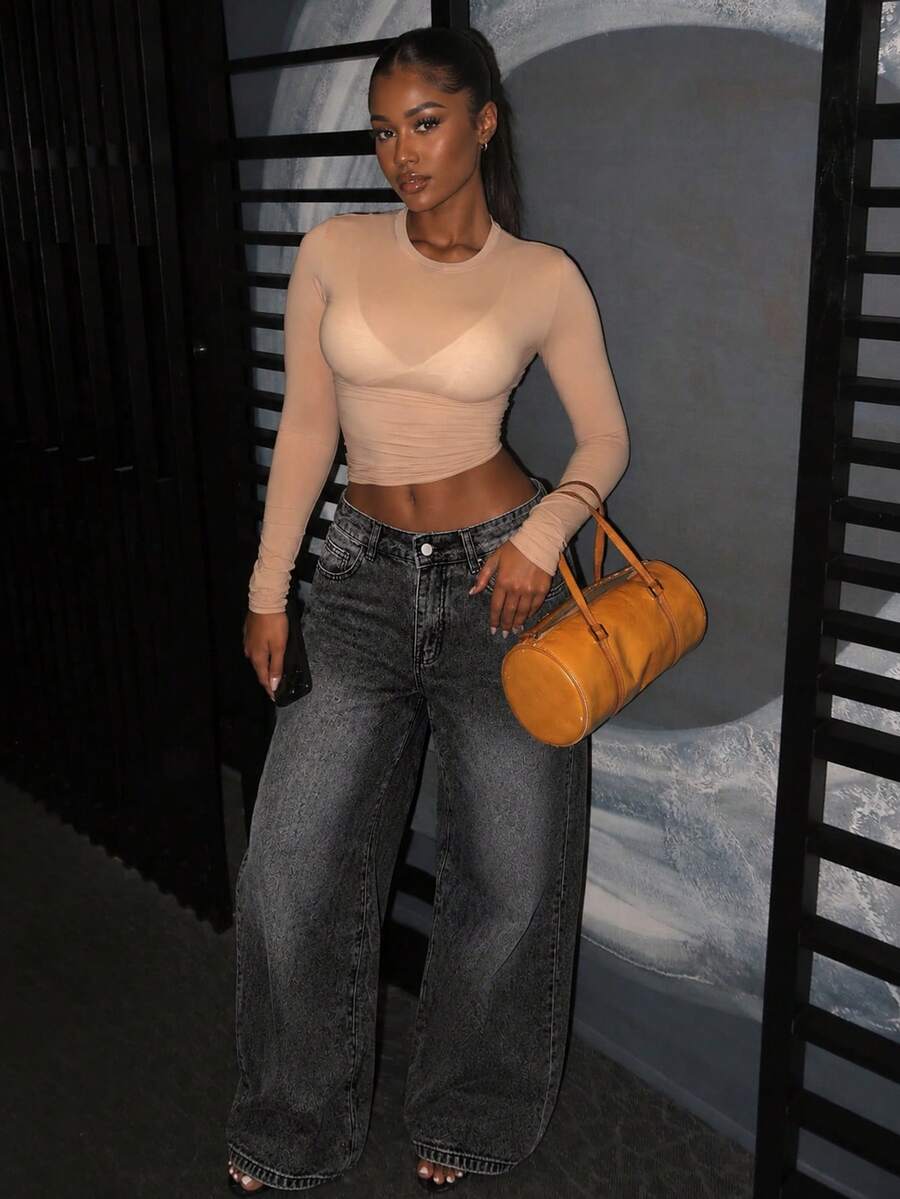 Women's Casual Extra Long Wide Leg Denim Jeans, With Zipper And Pockets, Non-Stretch, Y2K Retro Style - Dark Grey - View 1