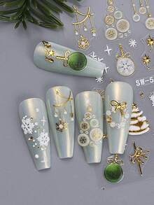 2件組 5D 浮雕聖誕美甲貼紙，自黏式 3D 金色聖誕球、雪花、星星、珍珠裝飾美甲貼，冬季假期日式風格美甲裝飾 - 彩色 - 查看 7