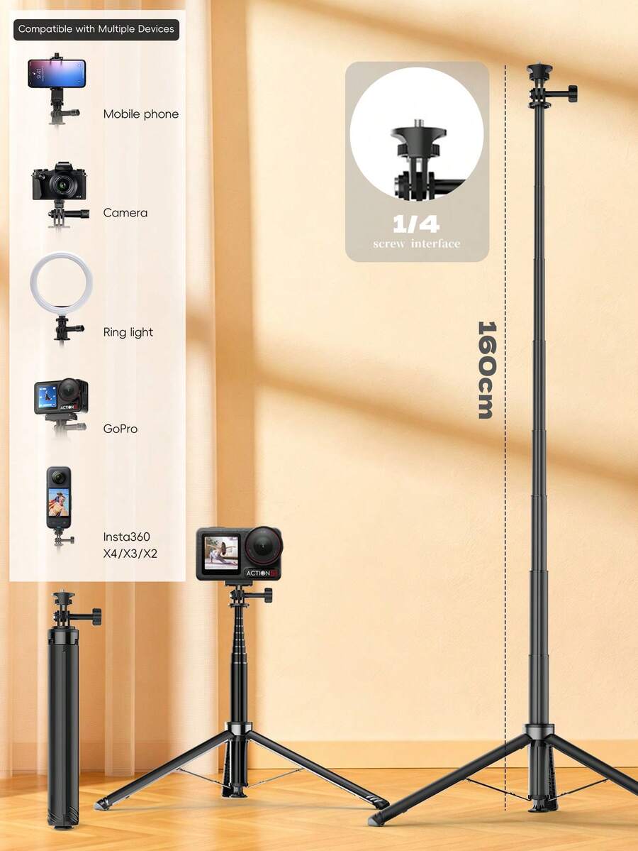 160cm Extendable Tripod Selfie Stick,Auto‑Pop Up Portable Camera Stand,Anti‑Slip Base,1/4 Screw Universal For Phone Ring Light,For Vlog Live Streaming Travel Outdoor Shooting,Content Creators Travelers Home & Beach Use - View 1