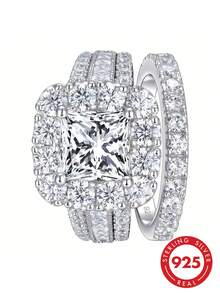 AIHUASI 2pcs/Set 925 Sterling Silver Women's Wedding Ring, Vintage Style, 7.5*7.5mm 2.5ct Princess Cut High-Grade Cubic Zirconia, Luxury Bridal Jewelry Gift - Silver - View 2