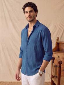 glestore Men's Retro-Style Old-Money Casual Solid-Colour Simple Textured Striped Long-Sleeved Shirt, Fashionable And Versatile. - Navy Blue - View 2