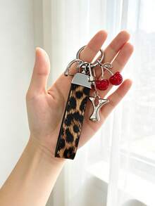 26 Alphabet Car Keychains, Silver Letter Zinc Alloy Accessories, Leopard Print Cherry Pendant, PU Rope Car Lock Key Fob, Car Remote Control Hanging Decoration, Bag Decoration Pendant, Car Key Ring, Key Chain Key Accessories. Holiday Gift, - Letter - View 21