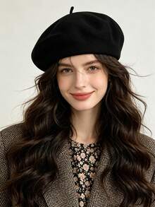 1PC Women's Classic Beret Hat, Premium Autumn/Winter Vintage Literary Style, Solid Color Minimalist Wool Beret - A - View 4