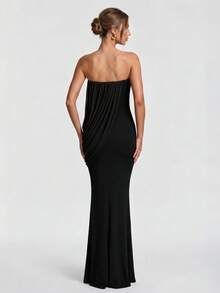 Elegant French Romantic Wedding Evening Party Strapless Ruched Dress - Black - View 7