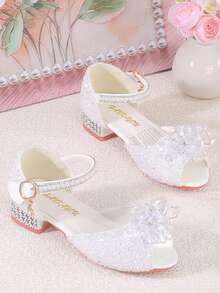 1 Pair White Girls High Heel Crystal Shoes Children New Style Sandals Princess Shoes Model Performance Dress Matching 2026 New Arrival - White - View 6