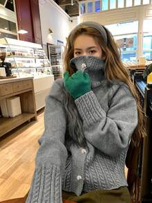 Korean Style Solid Color Stand Collar Cable Sleeve Sweater, Autumn/Winter New Vintage Hong Kong Style Lazy Knit Cardigan For Women - Grey - View 5