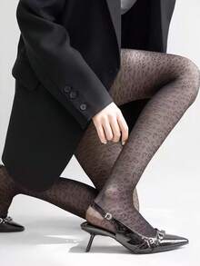 1 Pair Black Leopard Print Mesh Tights, Y2K Millennium Style, Vintage Sexy Sheer Pantyhose - Multicolor - View 4