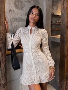 Vuslat Women's Autumn French Style Hollow Crochet White Mini Dress With Small Stand Collar And Half-Open V-Neck, Suitable For Daily Commute, Office, - White - View 4