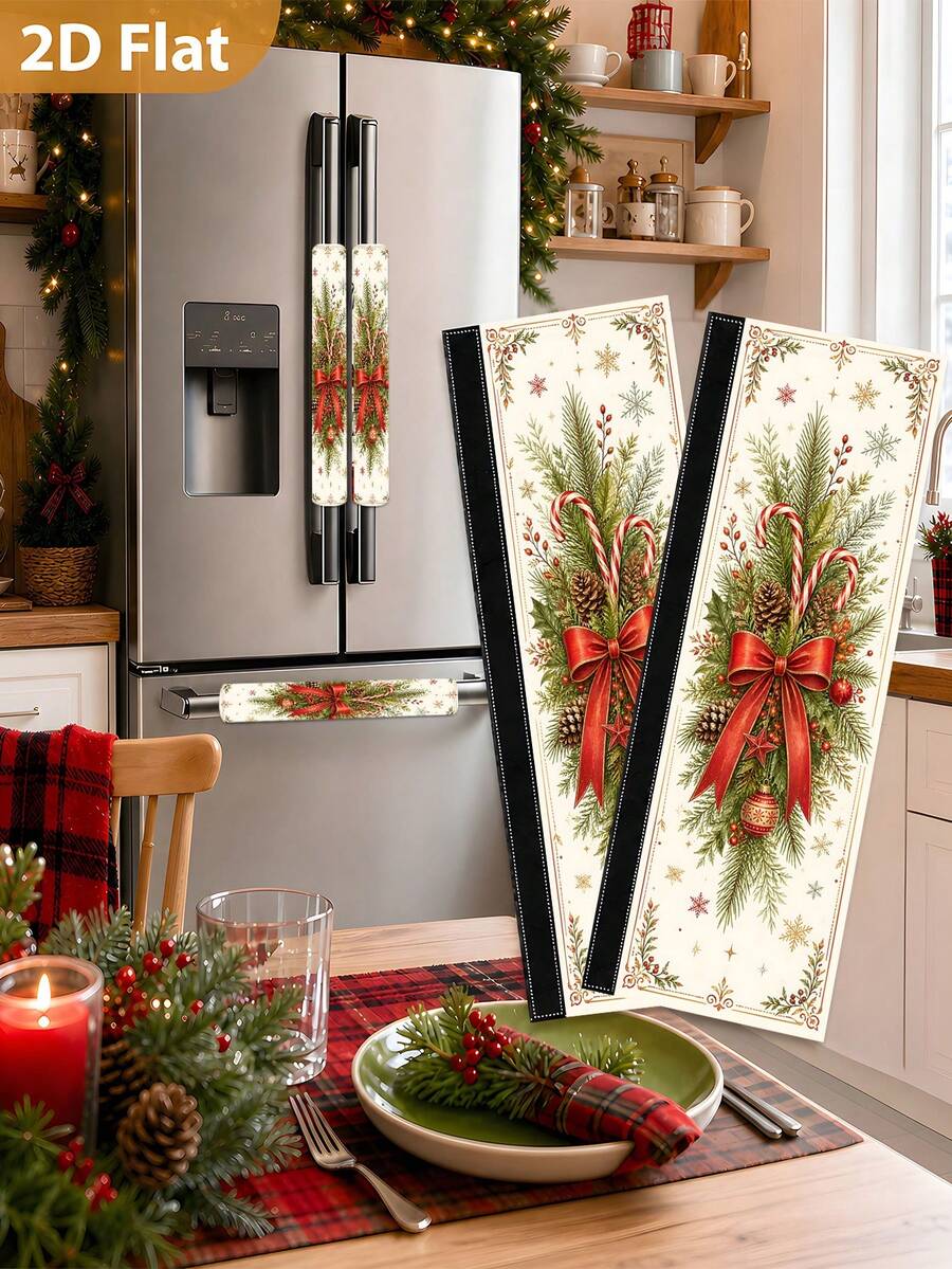 1/2pcs Christmas Fridge Handle Covers, Bow, Berry, Snowflake, Christmas Ball Patterns, With Hook & Loop Fastener, Suitable For Refrigerator, Oven, Microwave, Dishwasher, Christmas Kitchen Decor - View 1