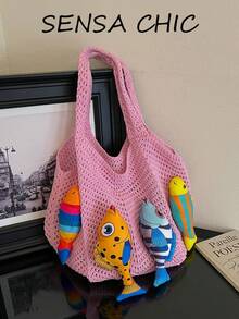 Colorful Fabric Tote Bag With Fish Plush Doll Decor, Large Capacity For Beach Essentials, Open Top Closure, Vacation Mori Style, Women's Woven Tote Bag, Suitable For Beach Trips, Daily Shopping, Casual Vibe For Girls - Pink - View 8